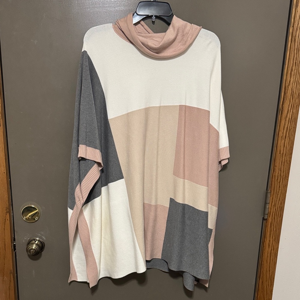 Colorblock Turtleneck Poncho Sweater
